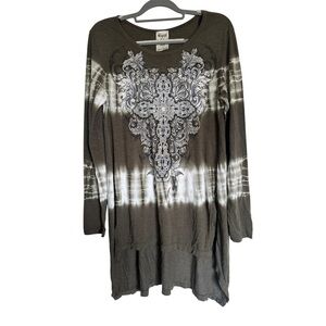 Vocal Rhinestone Cross Tie Dye High-Low Long Sleeve Tunic Fleur de Lis Design